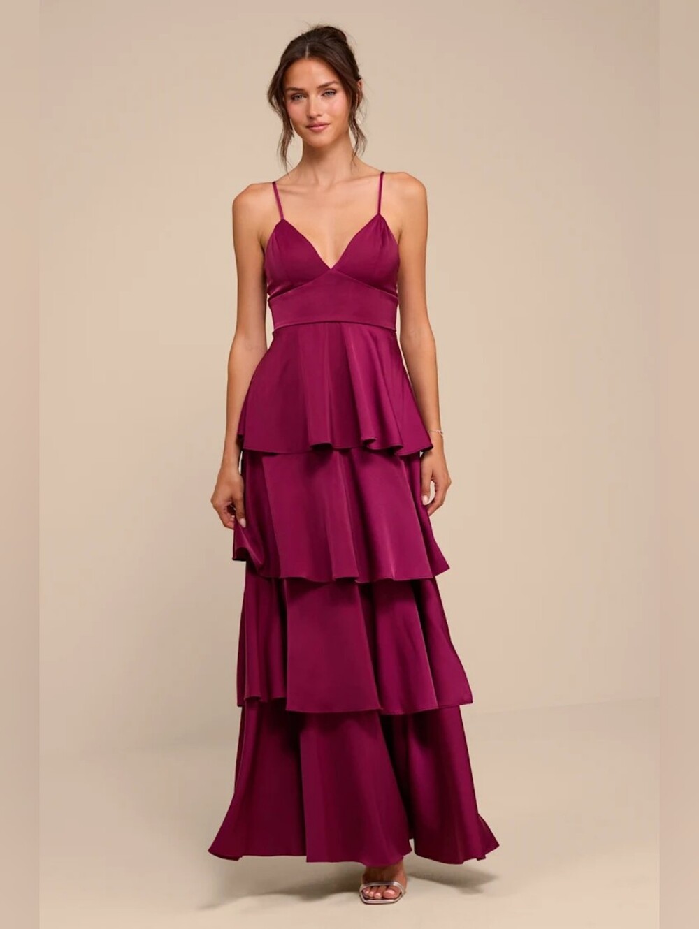 NWT Lulus Going with Elegance Plum Purple Satin Tiered Gown Size L